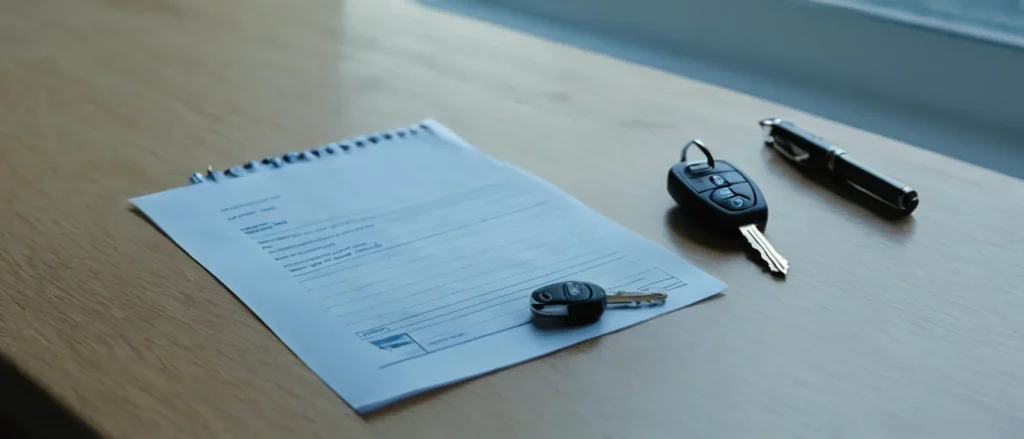 Car keys and a vehicle document on a table before a private car sale in Wisconsin