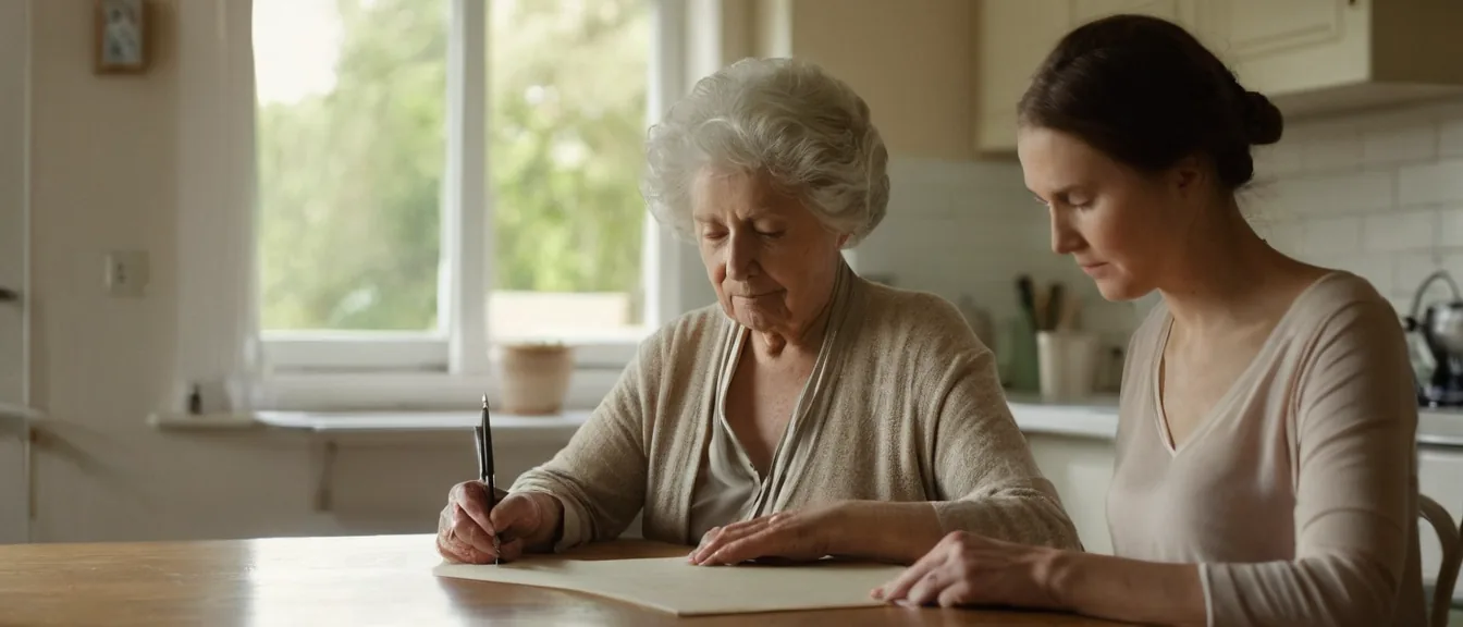 An older adult and a family member reviewing a durable power of attorney at a kitchen table