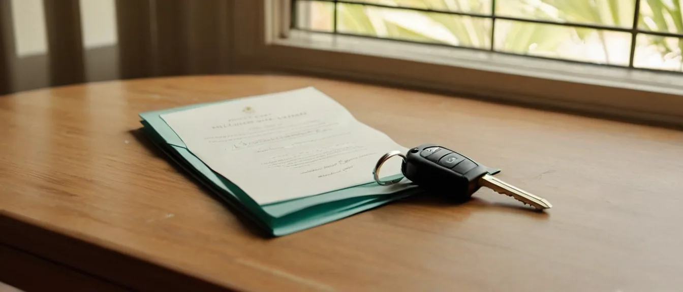 Car keys and a signed document on a desk after a private vehicle sale in Florida