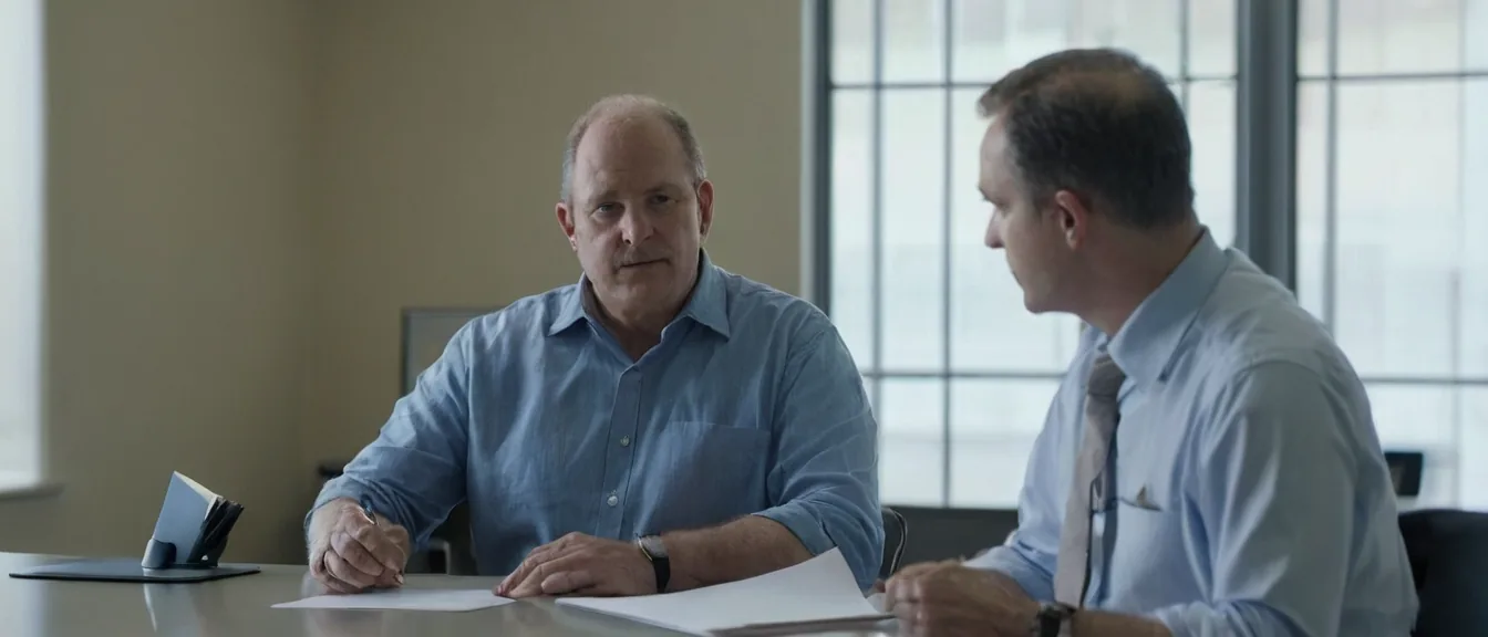 A man handing a document to a bank employee across a desk to collect a relative's account