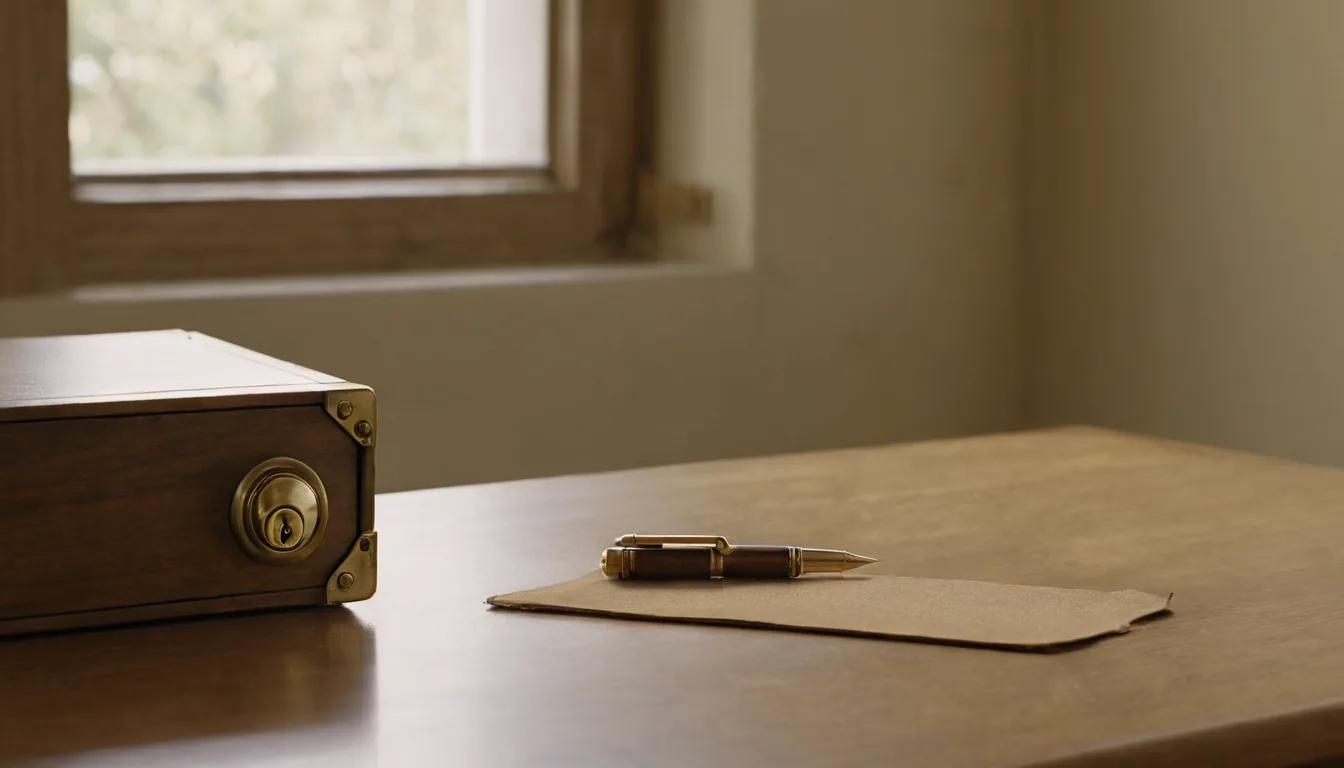 A locked wooden box, a folder and a pen on a desk, suggesting a safe deposit box