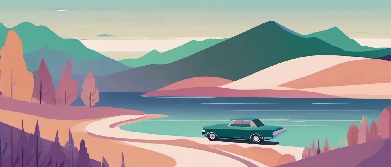 Illustration of a car on a winding road beside a river in the Arkansas Ozark mountains