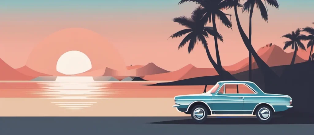 Illustration of a classic car on a California coastal road with palm trees at sunset