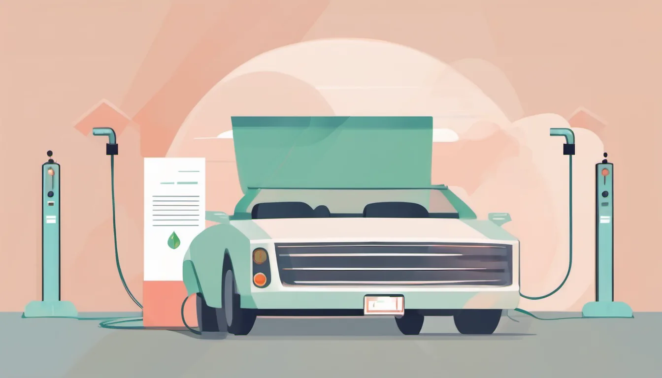 Illustration of a car at an emissions testing station beside a certificate