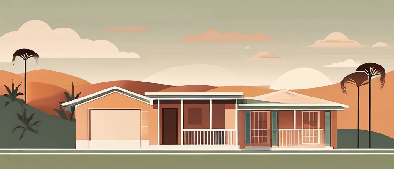 Flat illustration of a California bungalow with palm trees and golden hills