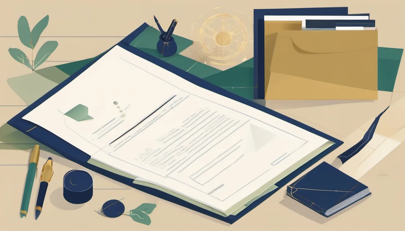 Flat illustration of an open folder of documents with pens and a gold seal on a desk