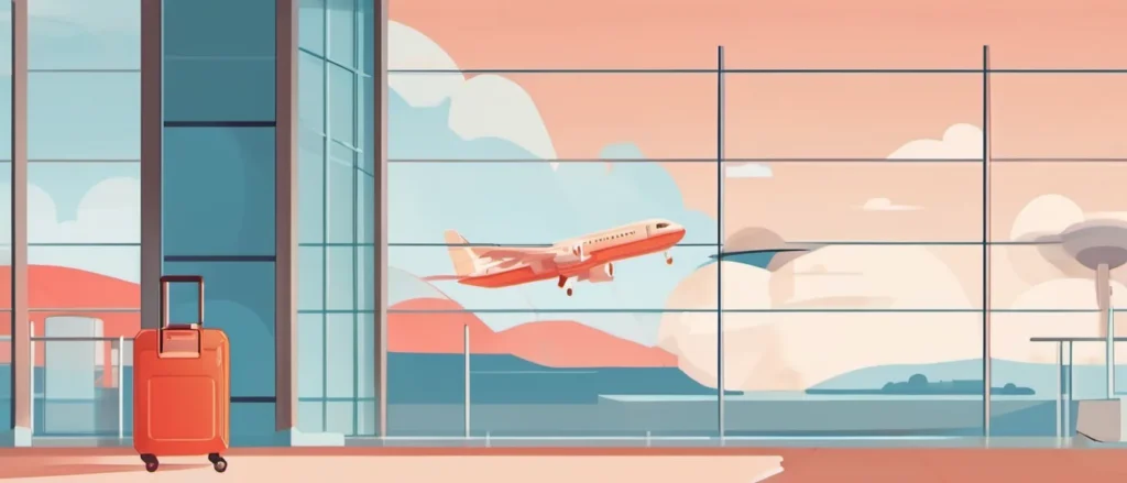 Flat illustration of an airport window with a red suitcase and a plane taking off