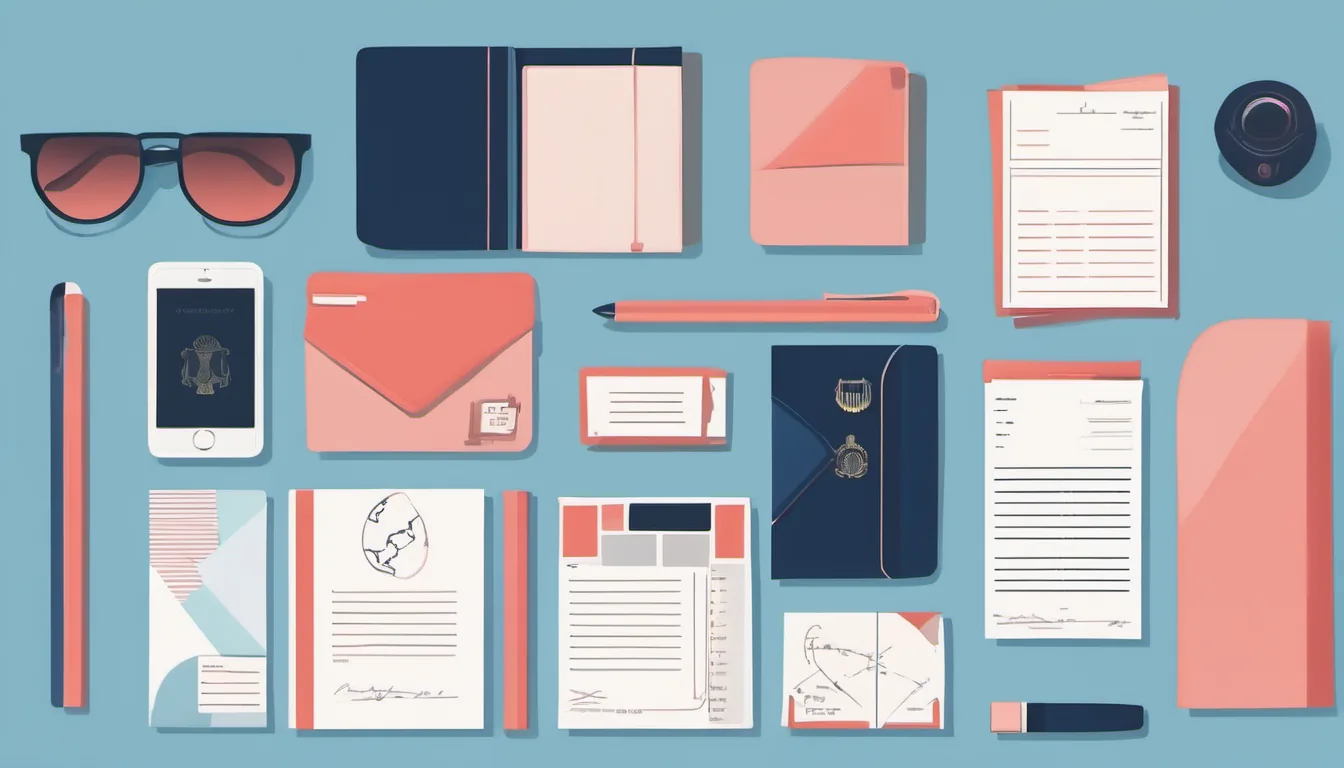 Flat illustration of a passport, letters, a phone and sunglasses laid out on a table