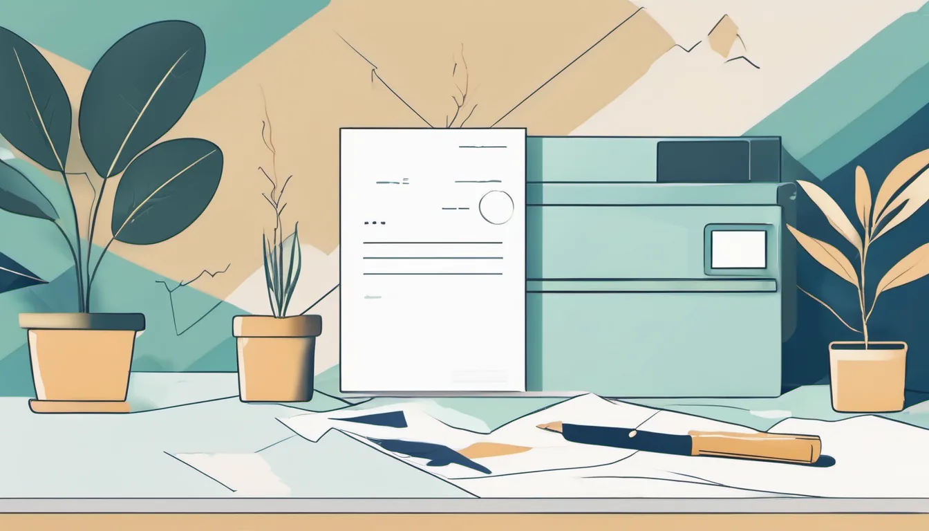 Flat illustration of a document, a pen and potted plants on a desk
