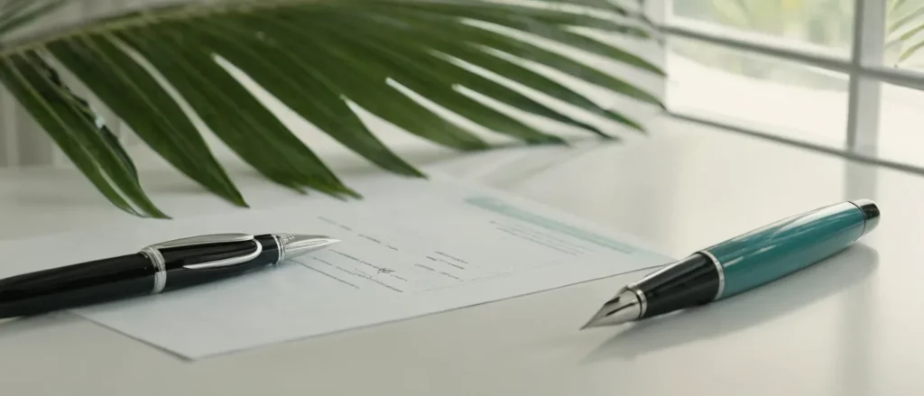 A legal document and two fountain pens on a white desk beside palm fronds