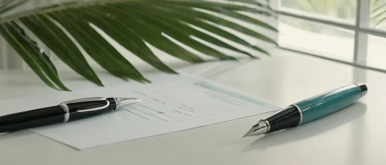 A legal document and two fountain pens on a white desk beside palm fronds in a bright Florida office