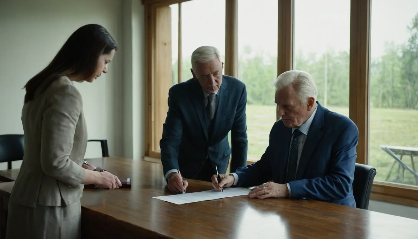 An older man signs a document at a conference table while two people look on