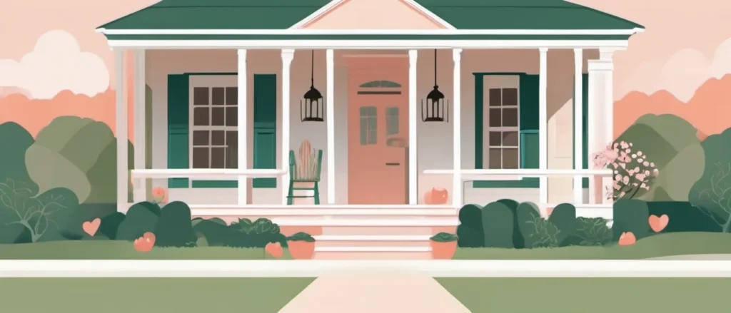 Flat illustration of a Georgia house with a white porch, a rocking chair and flowering shrubs