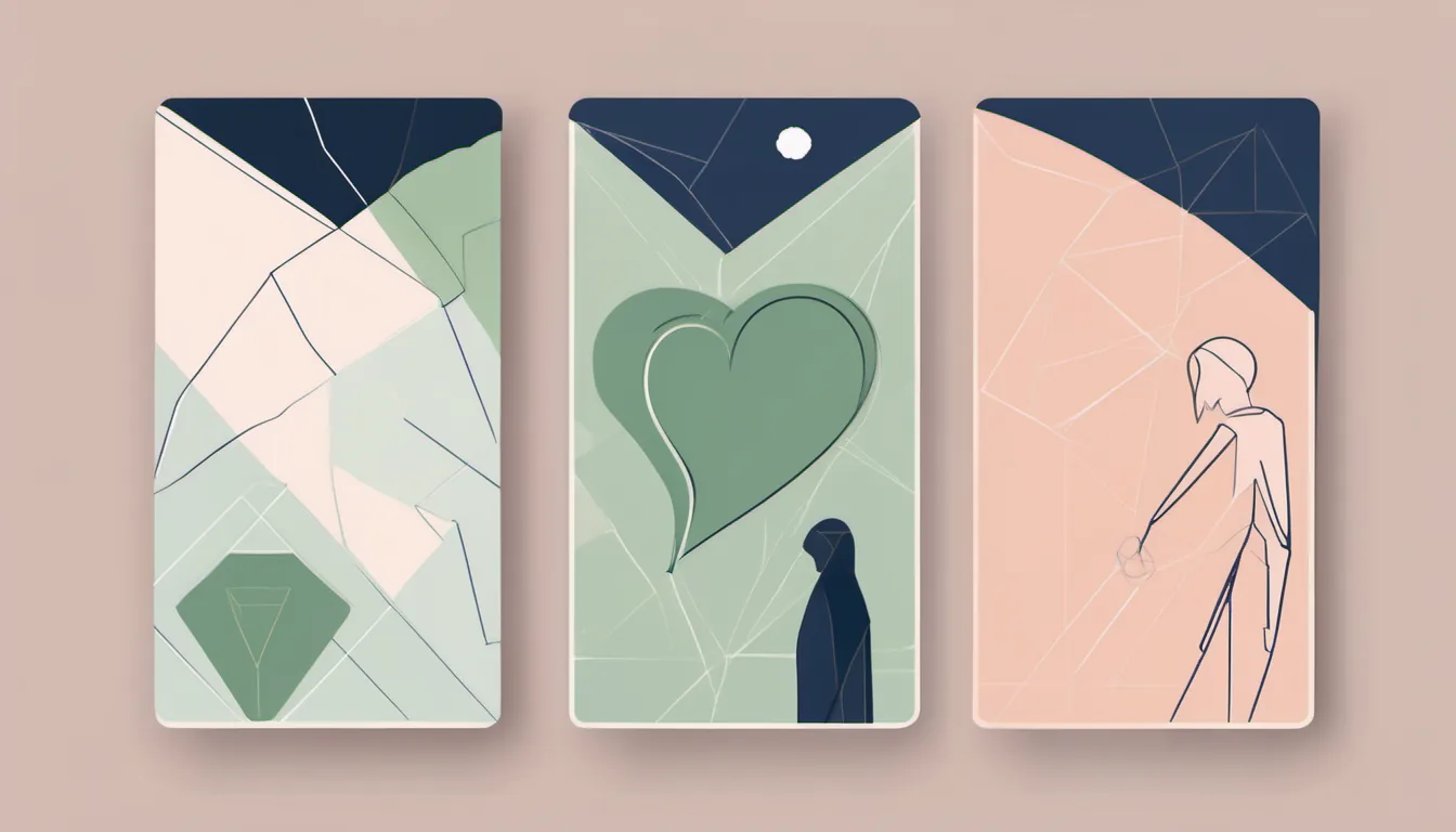 Flat illustration of three cards in sage and peach tones, one showing a heart