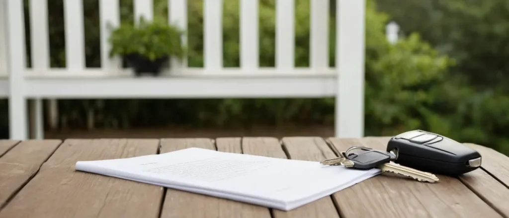 Car keys and a stack of papers on a wooden porch table in Georgia