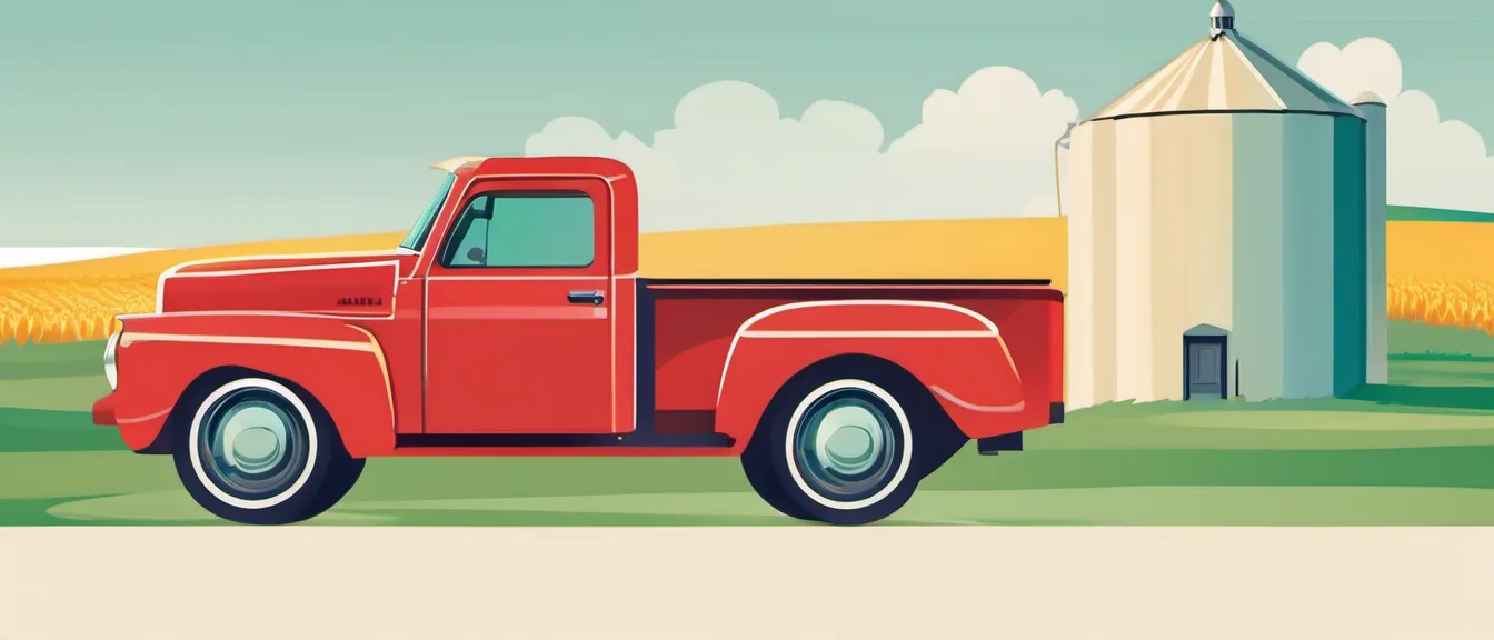 Illustration of a pickup truck by an Iowa farmhouse and cornfields