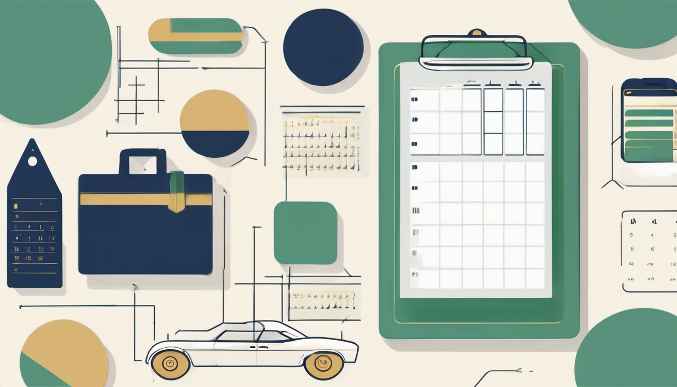 Illustration of a clipboard checklist, a small car and calendar pages for an Iowa vehicle sale