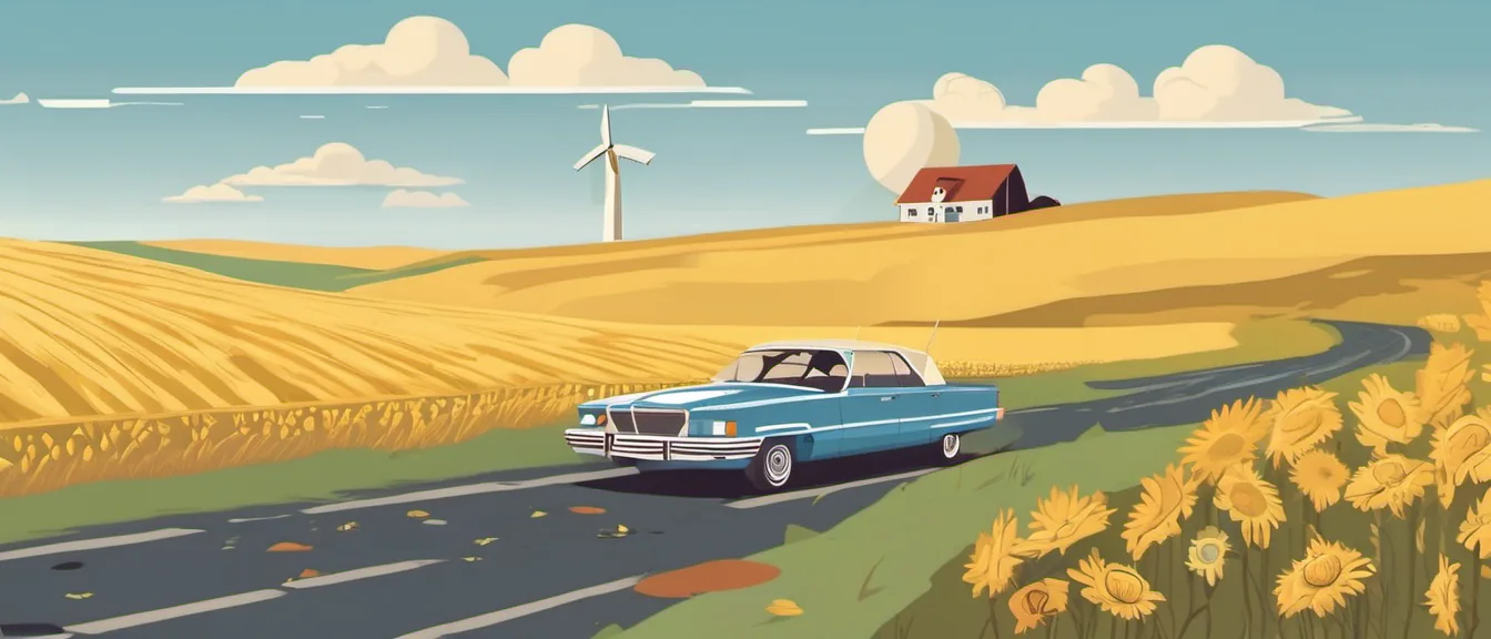 Illustration of a classic car on a Kansas prairie road between wheat fields