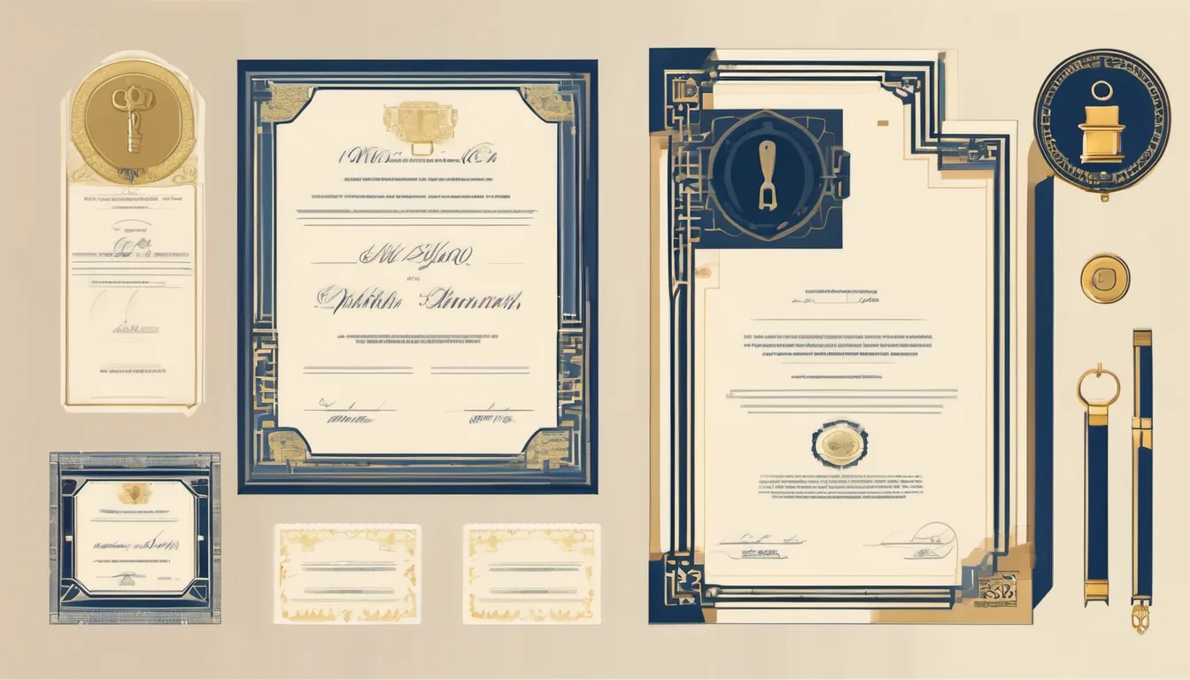 Illustration of formal certificates with seals and a pen, representing a Kansas vehicle title