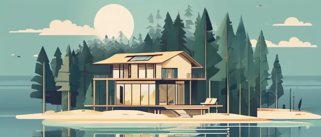Flat illustration of a lakeside house among tall pine trees