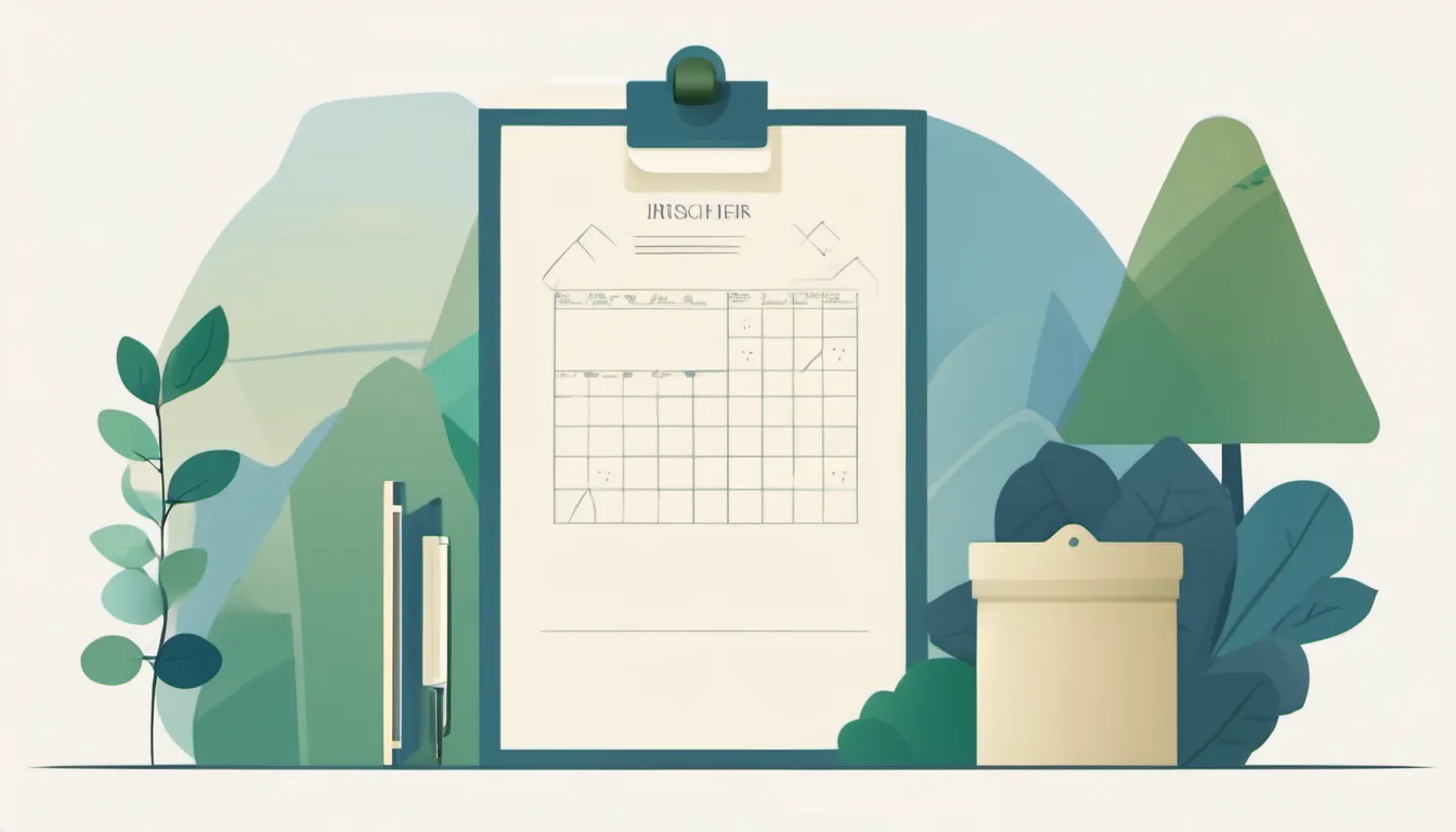 Flat illustration of a clipboard with a calendar grid beside plants