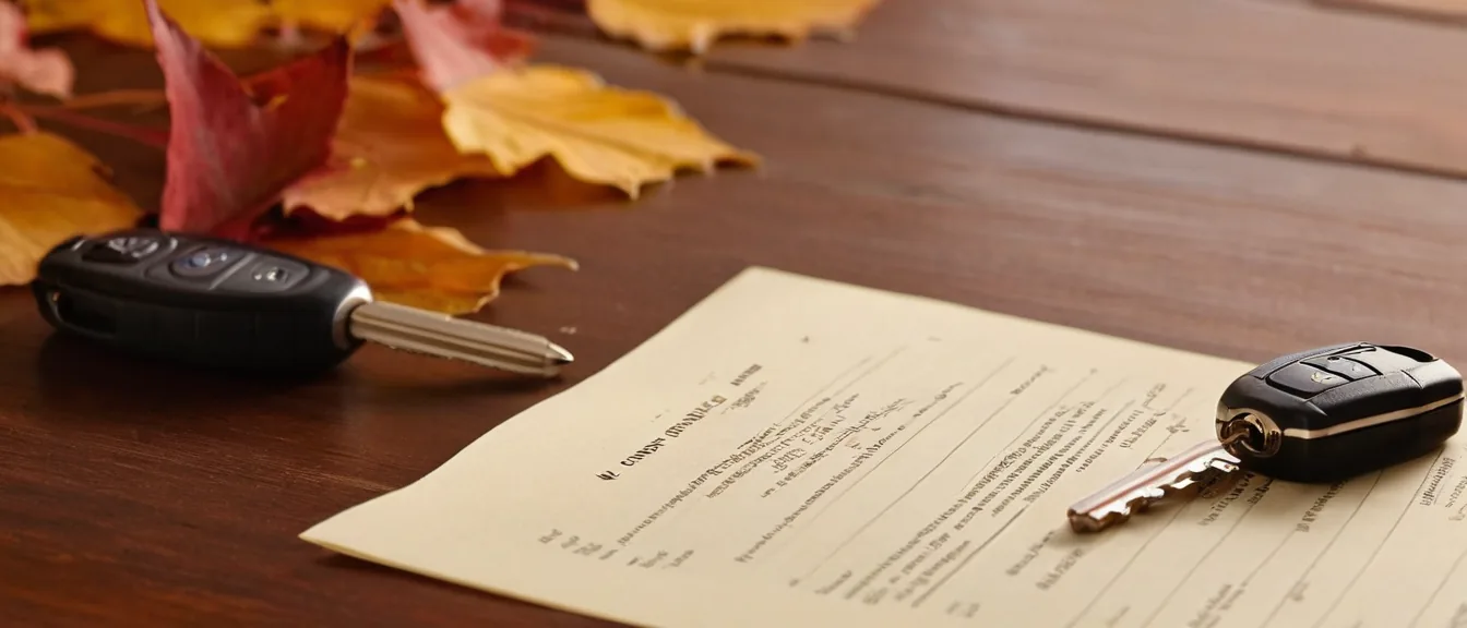 Car keys and a vehicle title on a walnut table in autumn light after a private car sale in Missouri