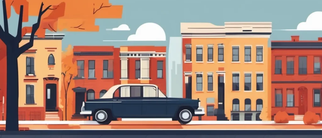 Flat illustration of a dark sedan parked on a New York street lined with brownstones and autumn trees