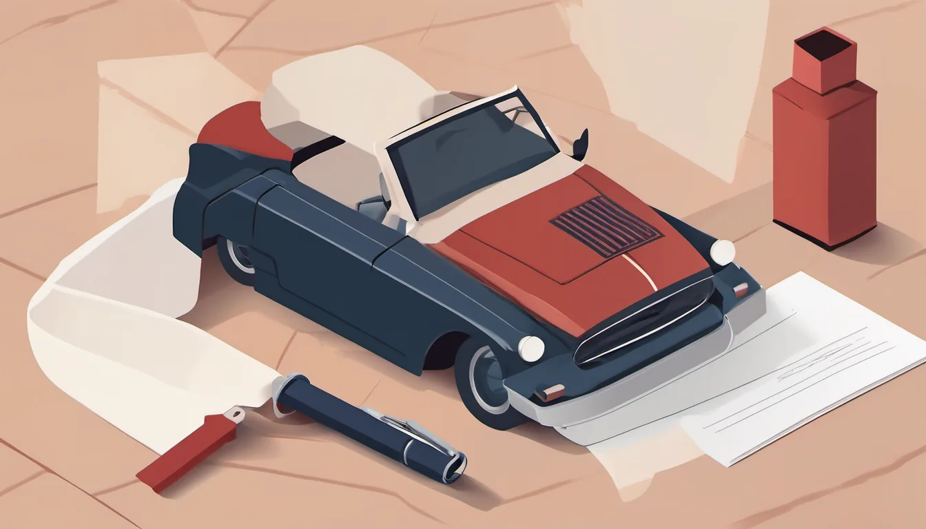 Flat illustration of a classic car model next to papers and a pen on a table