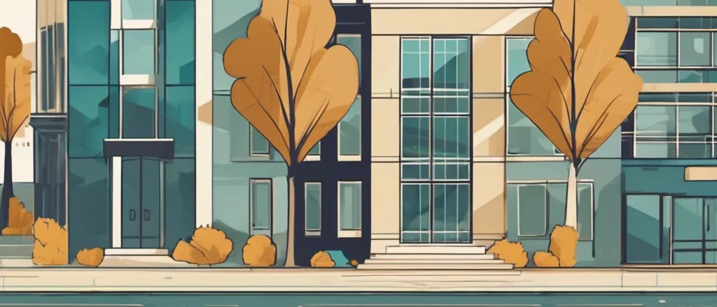 Flat illustration of a New York street with a modern hospital building, brownstones and autumn trees