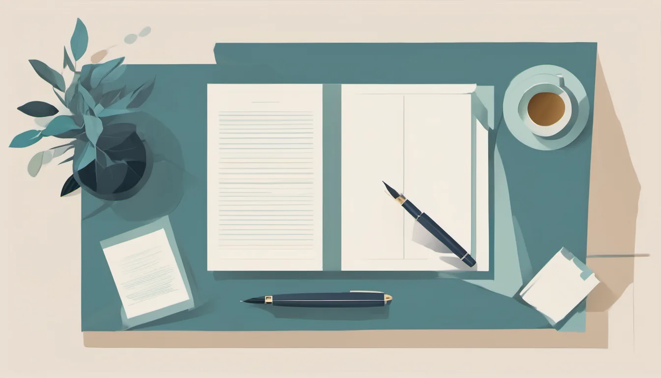 Flat illustration of an open document with a fountain pen on a desk beside a plant and a cup of coffee