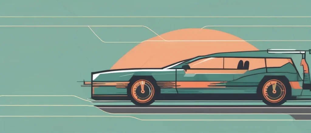 Flat illustration of a station wagon whose wheels are drawn as round dashboard gauges