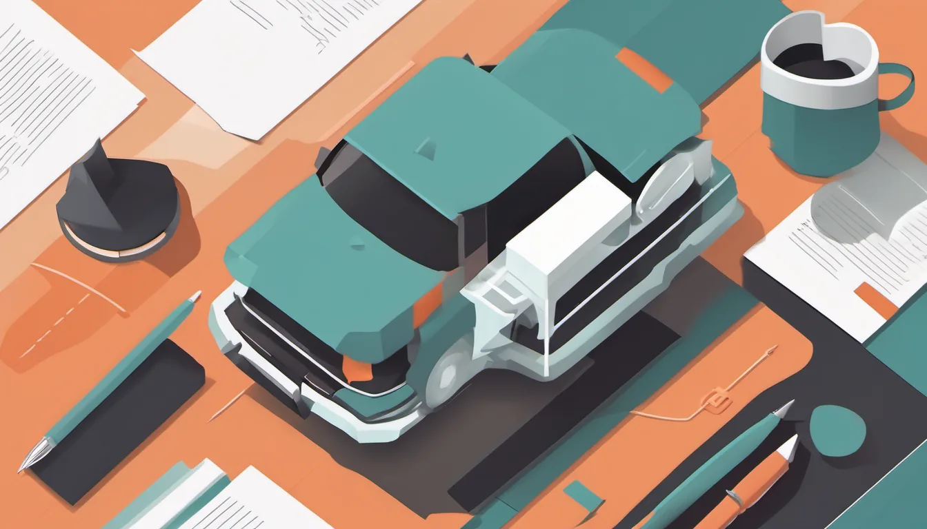 Flat illustration of a toy car on a desk among papers, a pen and a coffee mug