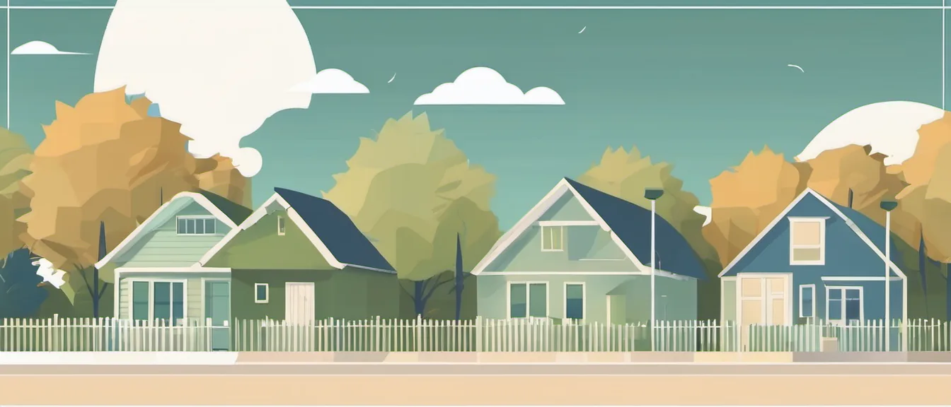 Flat illustration of a row of houses behind a white fence under autumn trees