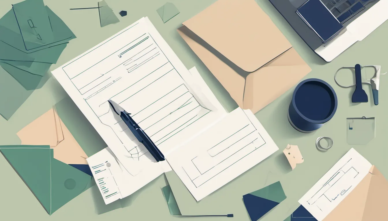Flat illustration of a letter with a pen, envelopes and keys on a desk