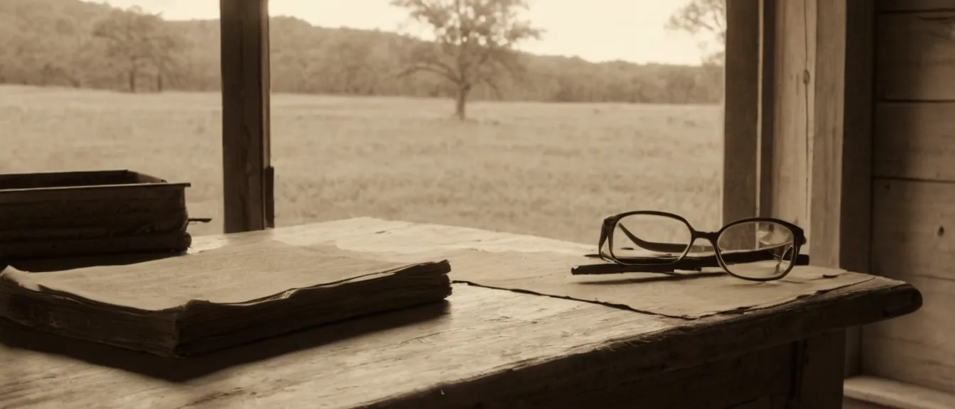 An old ledger, a folded deed and reading glasses on a farmhouse table, with Texas ranch land outside