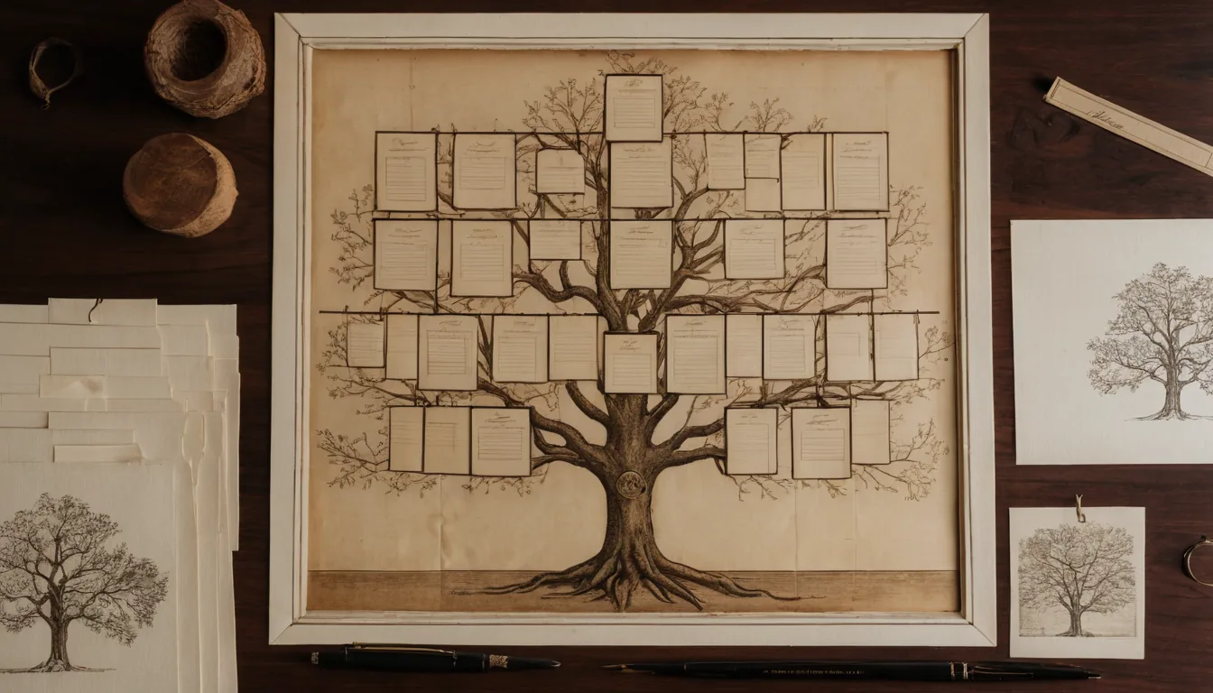 A blank family tree chart, papers and pens spread on a wooden desk