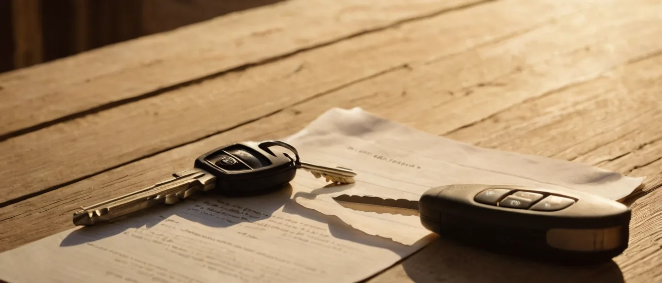 Car keys and a signed vehicle title on a ranch table after a private car sale in Texas