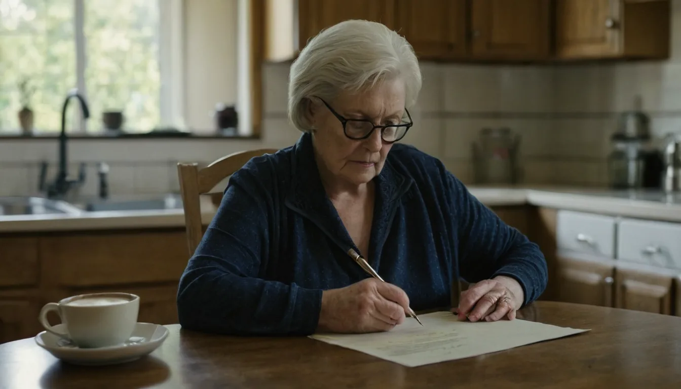 An older woman signing a document at her kitchen table