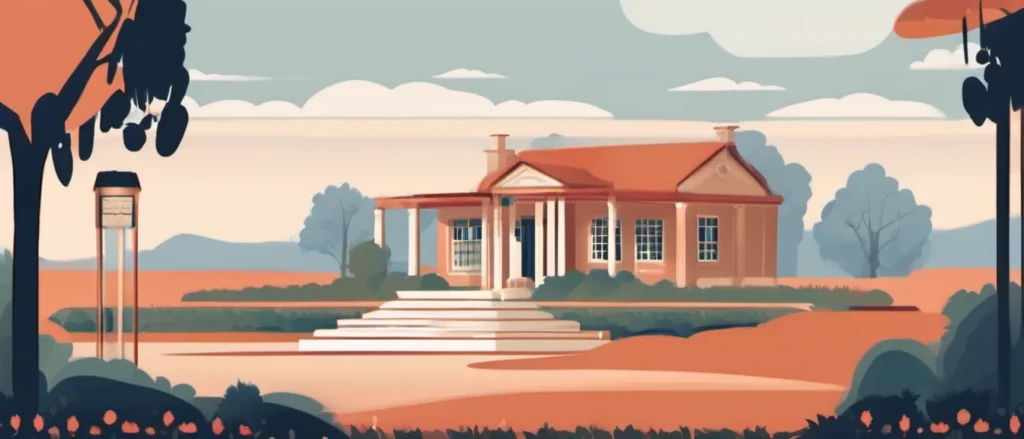 Flat illustration of a brick ranch house with a columned porch on the Texas plains