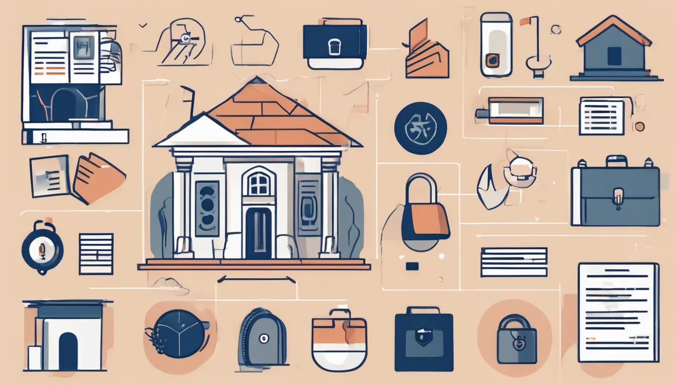 Flat illustration of icons for a house, a bank, a briefcase, a padlock and documents linked by thin lines