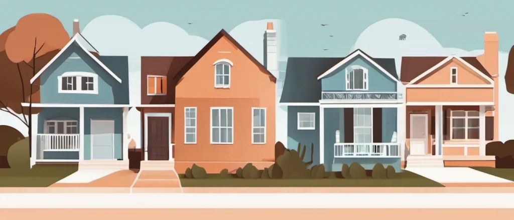 Flat illustration of a row of suburban houses with porches under a wide sky