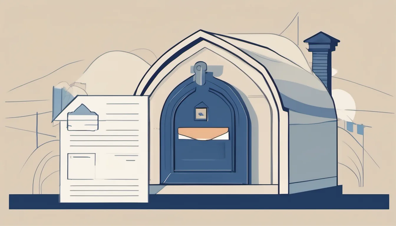 Flat illustration of a mailbox beside a house and a printed document with blank lines