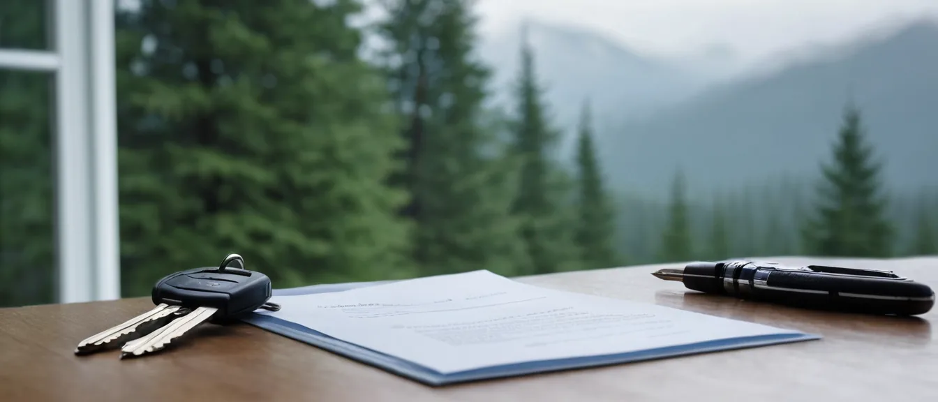 Car keys and a vehicle title on a table with evergreen trees outside after a private car sale in Washington State