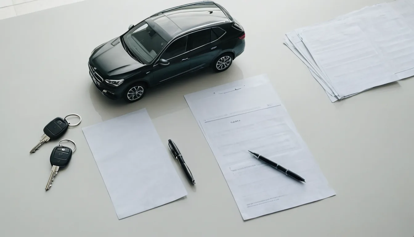 Vehicle title, bill of sale and car keys laid out after a private vehicle sale in Washington